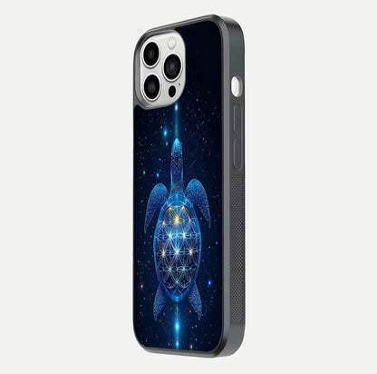Crimson Blue Turtle Glass Case for iPhone 13 Pro Max side-angle photo showing curved edge and glass gloss