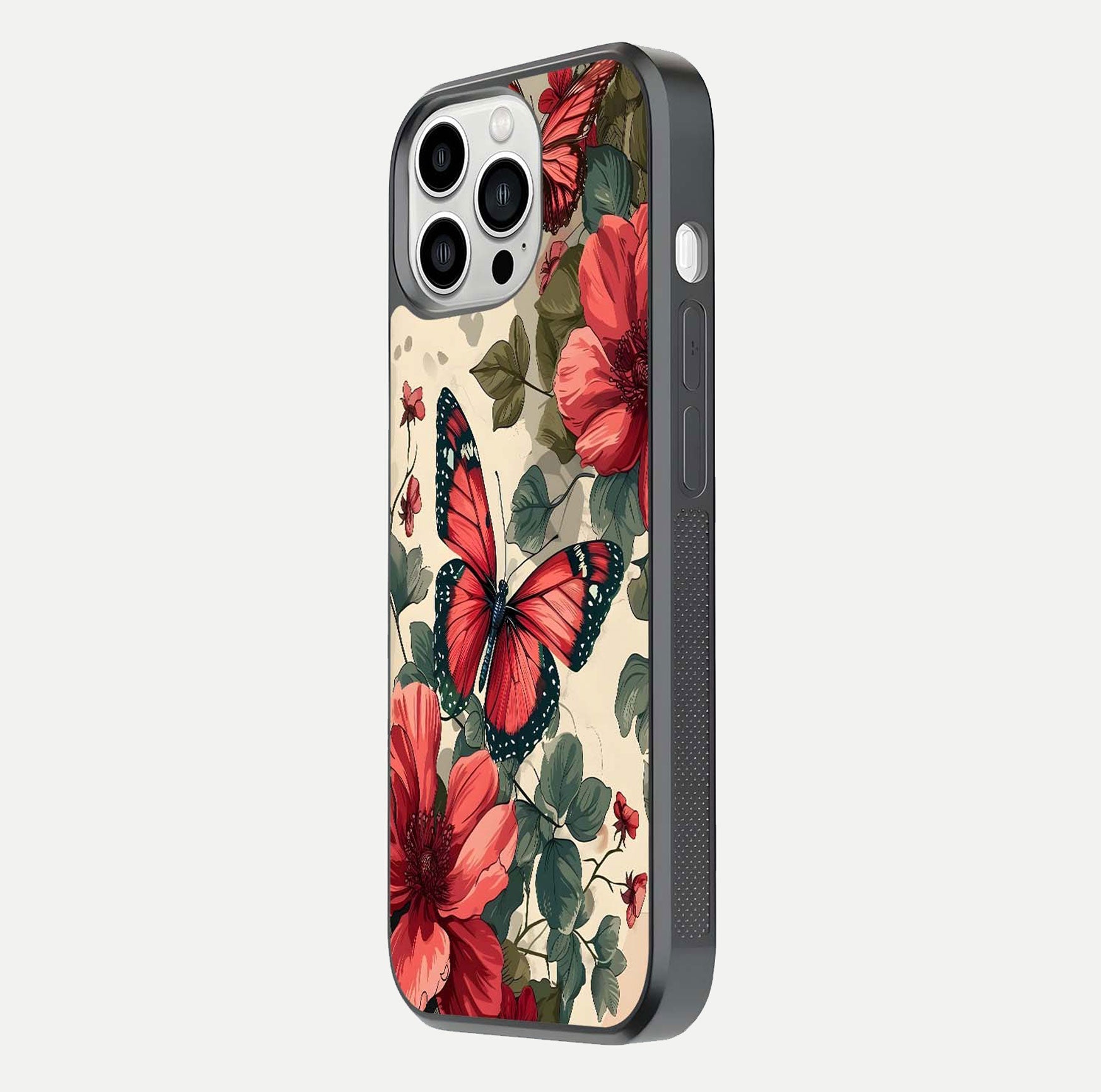 Crimson Butterfly Garden Glass Case for iPhone 13 Pro Max side-angle photo capturing gloss texture and soft tone