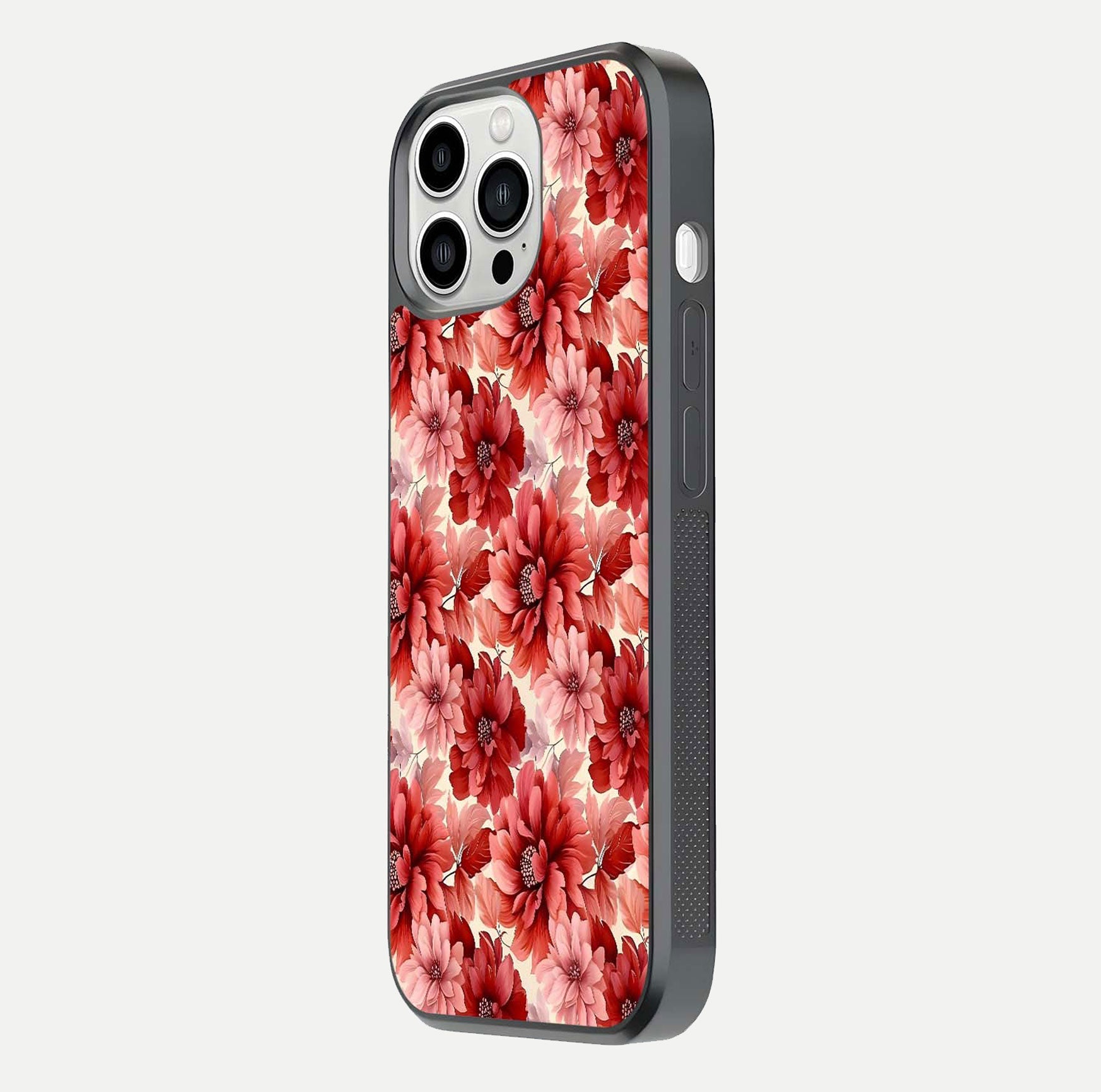 Crimson Love Petals Glass Case for iPhone 13 Pro Max side-angle photo showing reflection glow and edge clarity