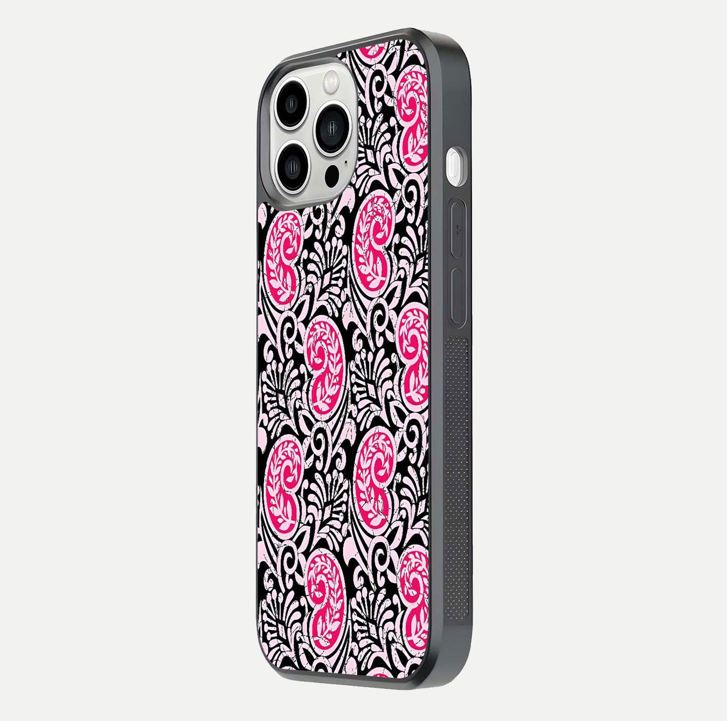 Crimson Paisley Charm Glass Case for iPhone 13 Pro Max side-angle image showing reflection and smooth edges