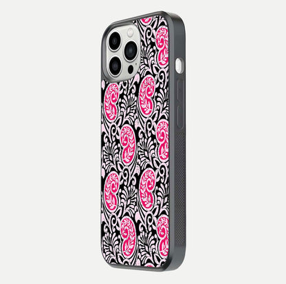 Crimson Paisley Charm Glass Case for iPhone 13 Pro Max side-angle image showing reflection and smooth edges