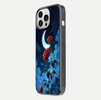 Crimson Rose Moon Glass Case for iPhone 13 Pro Max side-angle photo showing reflective texture and smooth curve