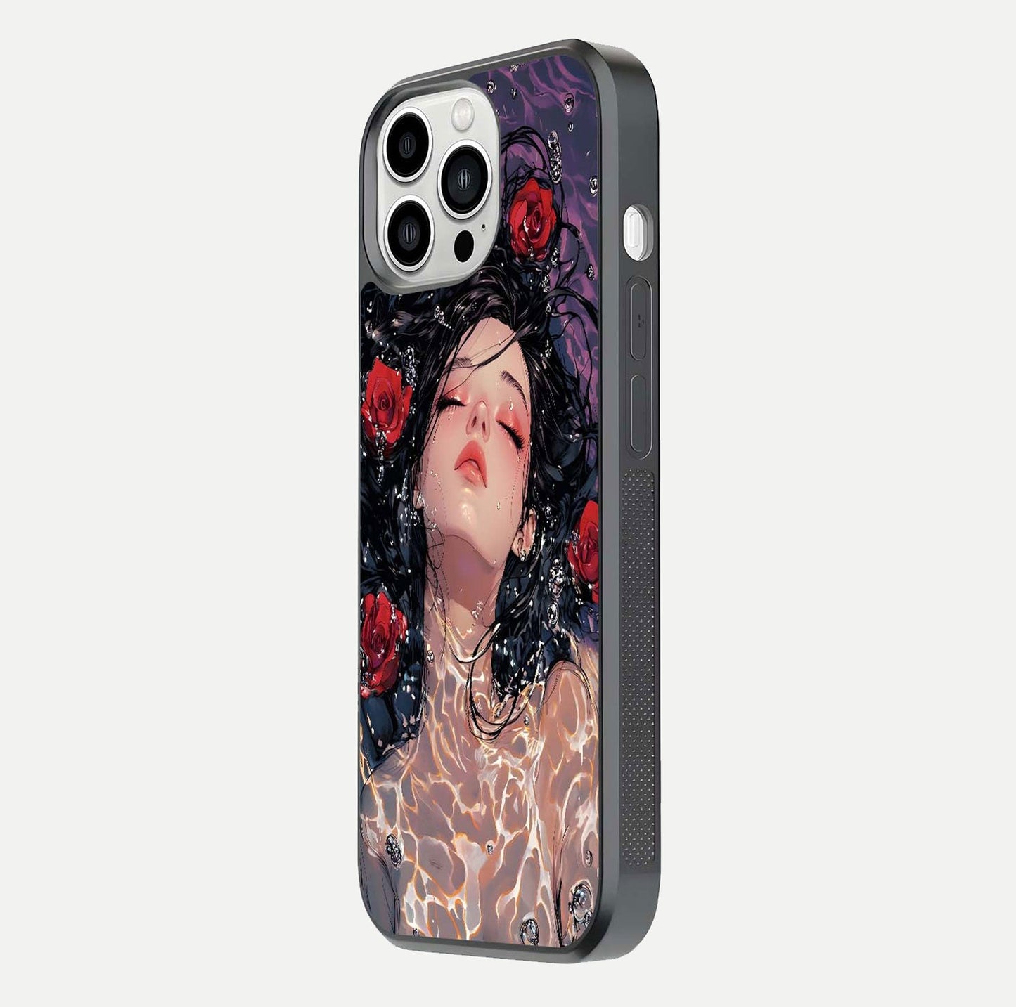 Crimson Rose Serenity Glass Case for iPhone 13 Pro Max side-angle photo showing glass reflection and soft edges