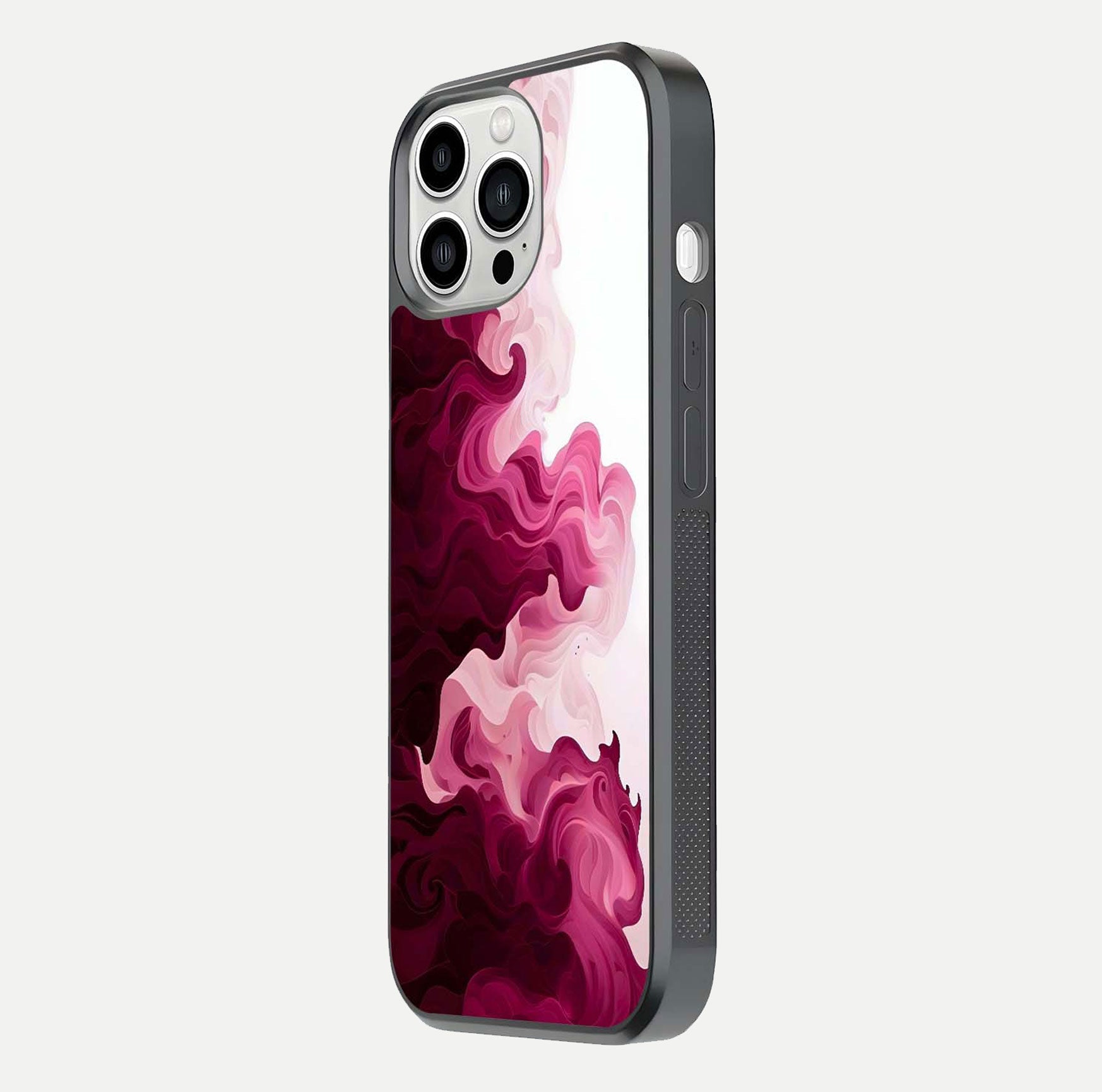 Crimson Wave Flow Glass Case for iPhone 13 Pro Max side-angle photo showing reflection glow and HD finish