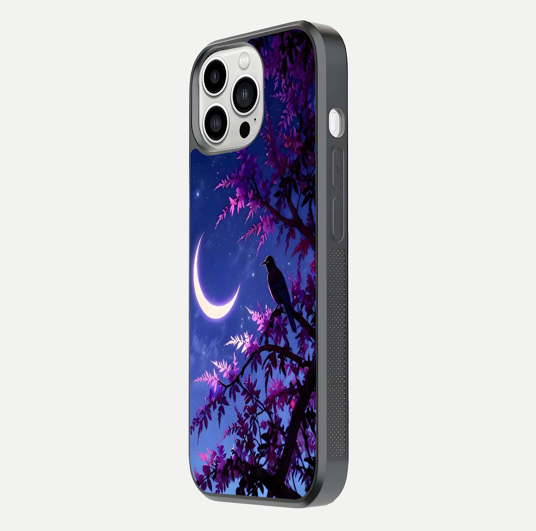 Crow & Moon Scenery Glass Case for iPhone 13 Pro Max side-angle photo capturing glossy shine and artistic contrast