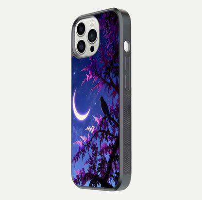 Crow & Moon Scenery Glass Case for iPhone 13 Pro Max side-angle photo capturing glossy shine and artistic contrast
