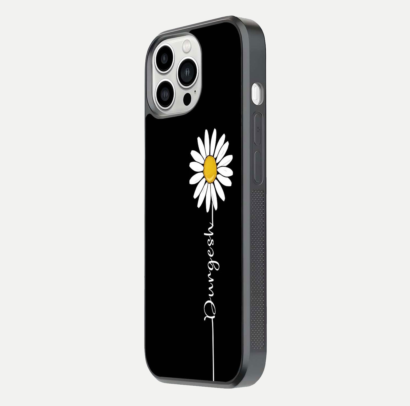 Custom Name White Flower Glass Case for iPhone 13 Pro Max side-angle photo showing reflection shine and name clarity