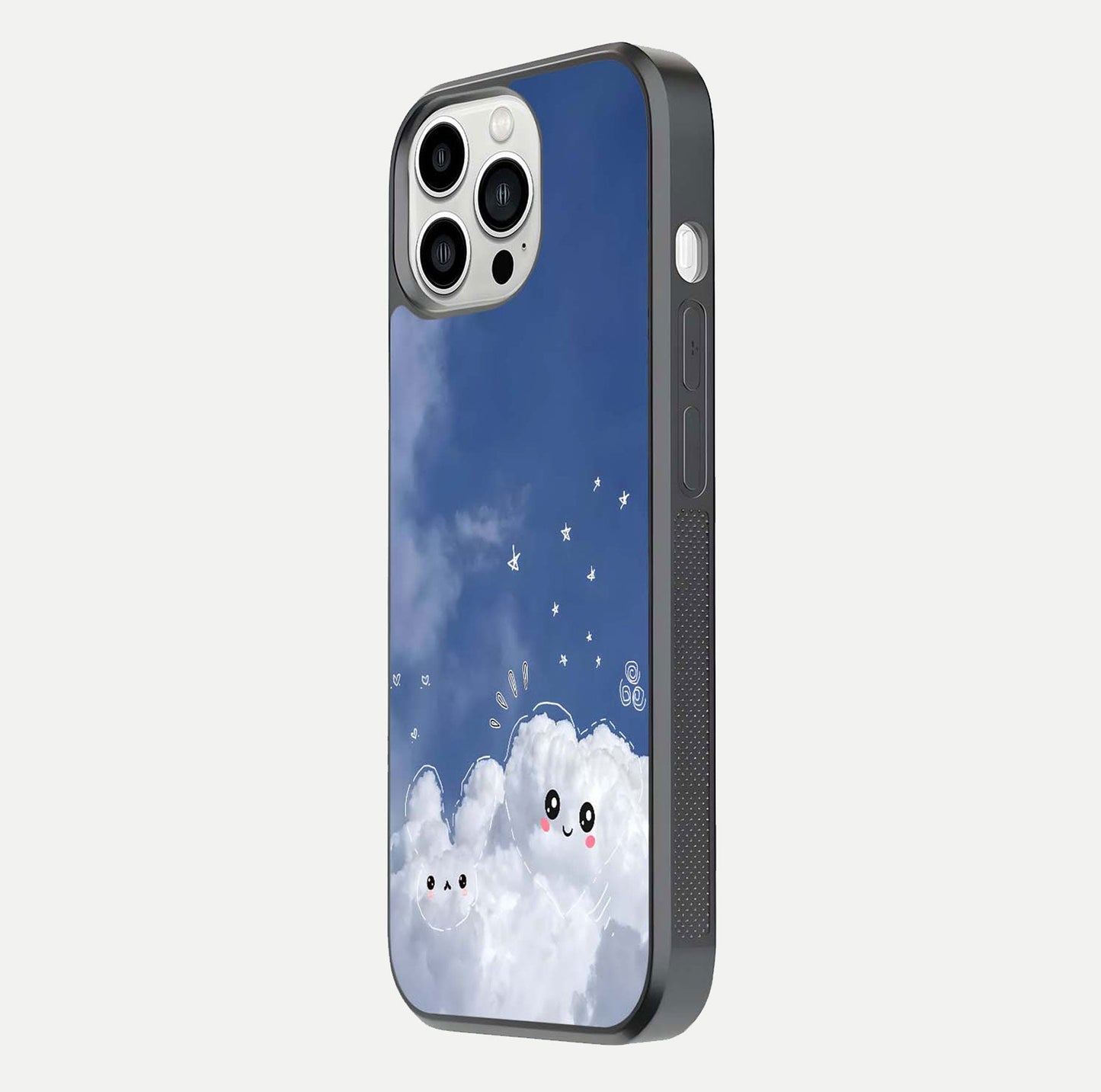 Cute Blossom Cloud Glass Case for iPhone 13 Pro Max side-angle image capturing gloss texture and curve reflection