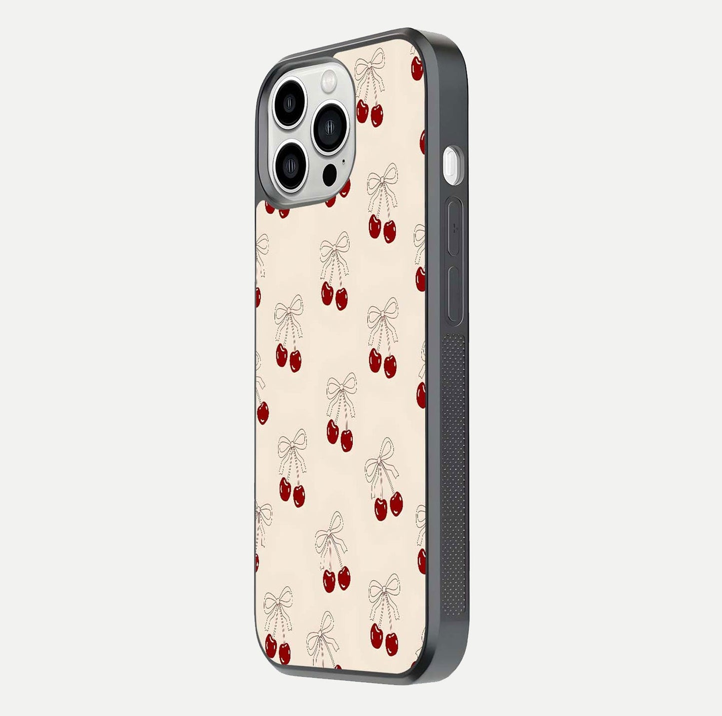 Cute Cherry Pattern Glass Case for iPhone 13 Pro Max side-angle photo highlighting gloss curve and pattern clarity