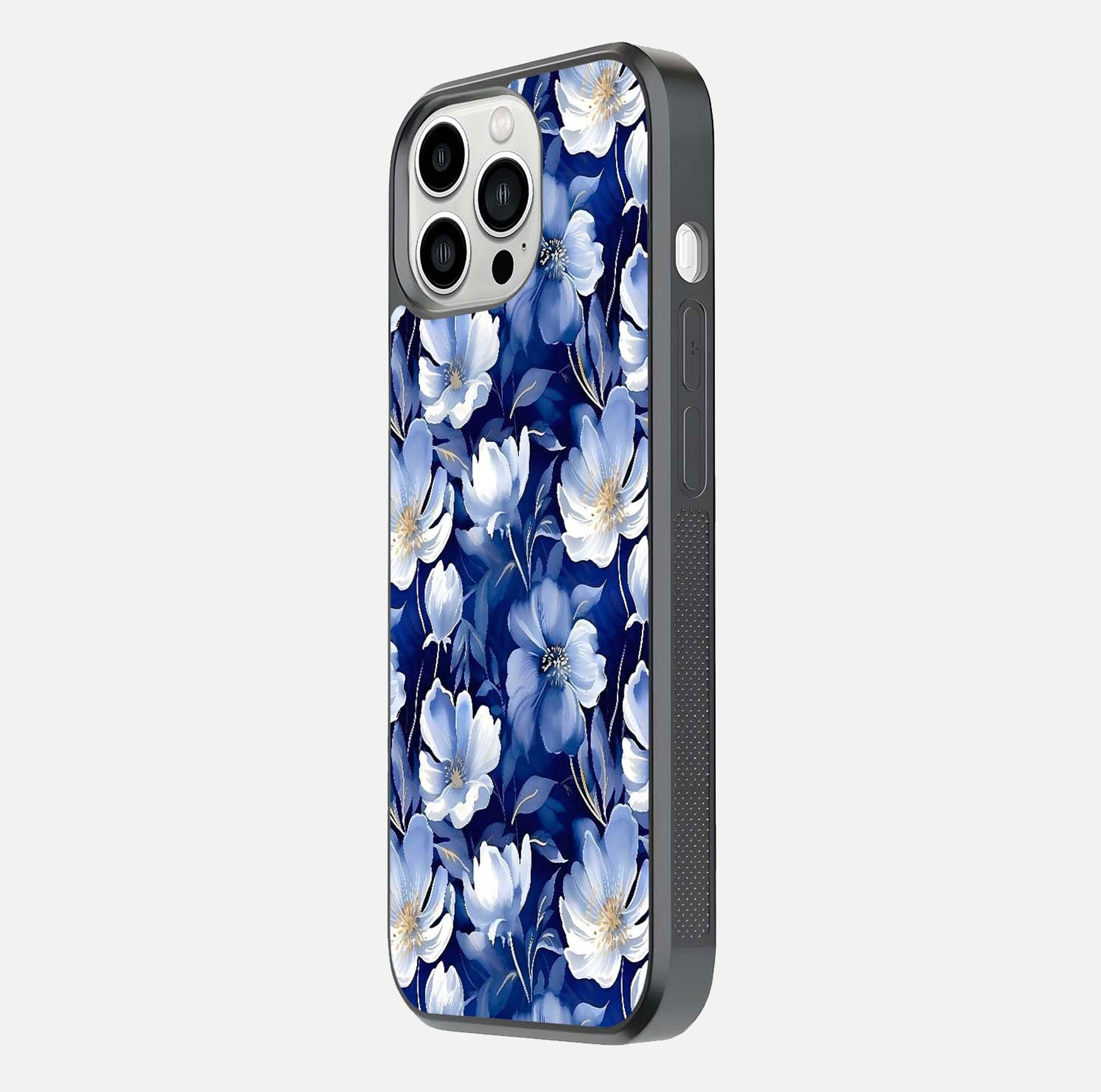 Cute Floral Patterns Glass Case for iPhone 13 Pro Max side-angle image showing polished surface and gloss tone