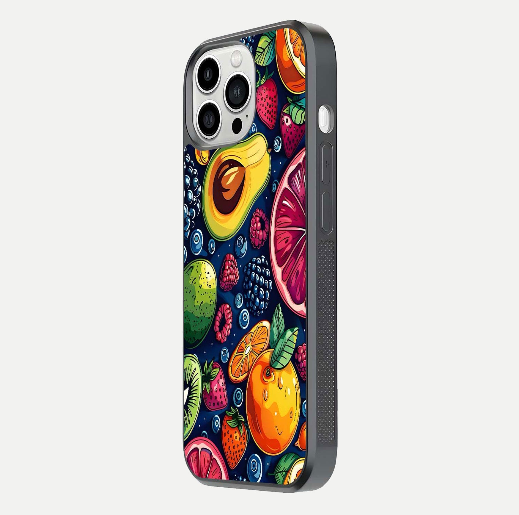 Cute Fruits Art Glass Case for iPhone 13 Pro Max side-angle photo showing reflective finish and smooth edges