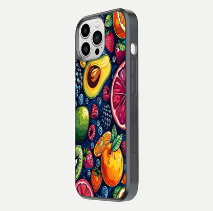 Cute Fruits Art Glass Case for iPhone 13 Pro Max side-angle photo showing reflective finish and smooth edges