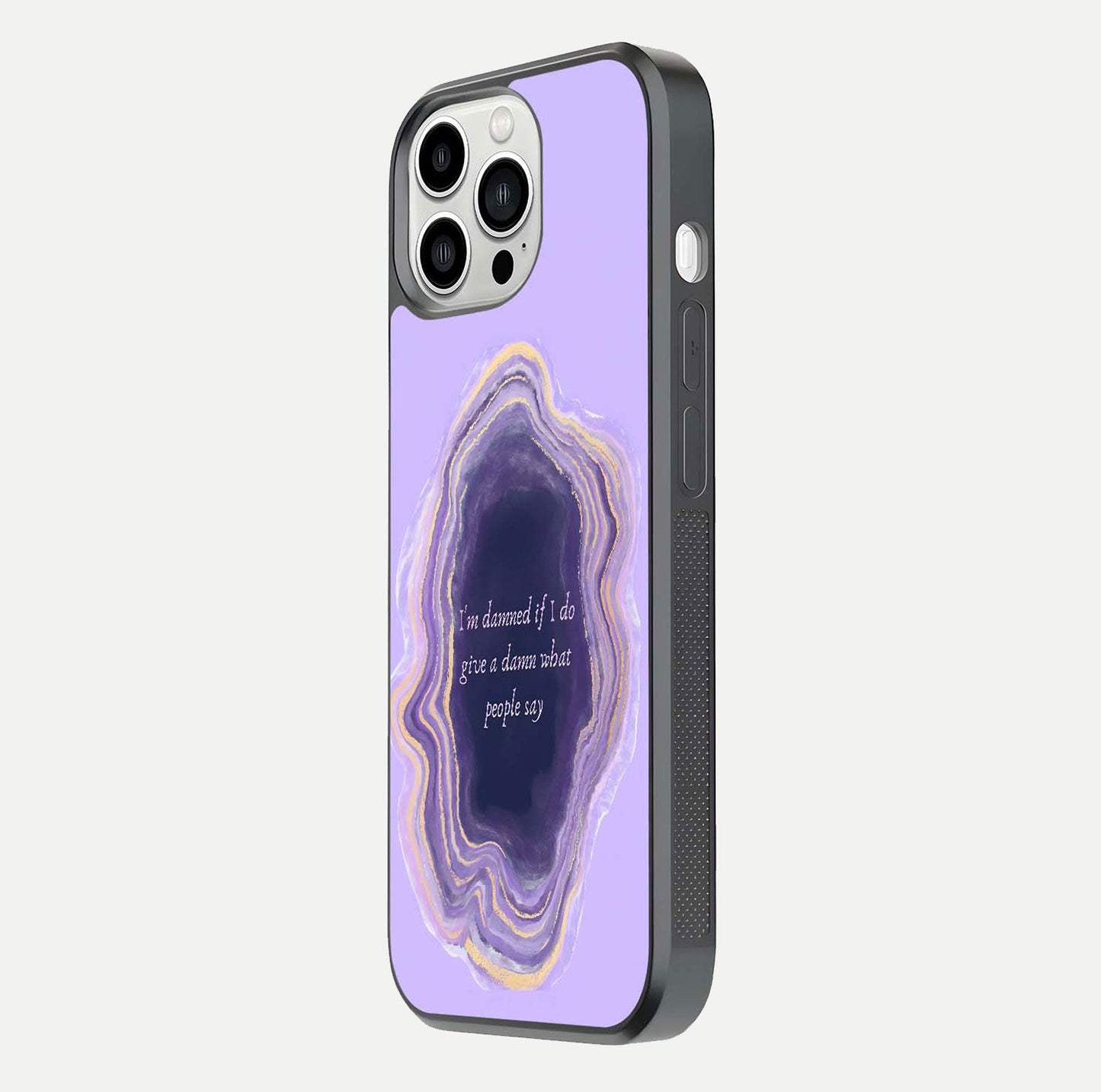 Damned People Quote Glass Case for iPhone 13 Pro Max side-angle image showing light shine and smooth edges