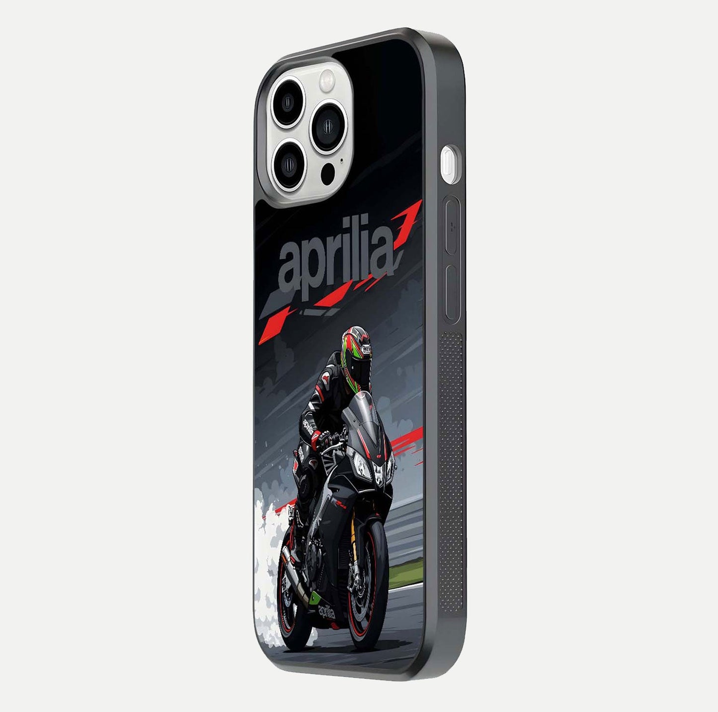 Dark Aprilla Glass Case for iPhone 13 Pro Max side-angle photo showing reflection gloss and curved edge finish