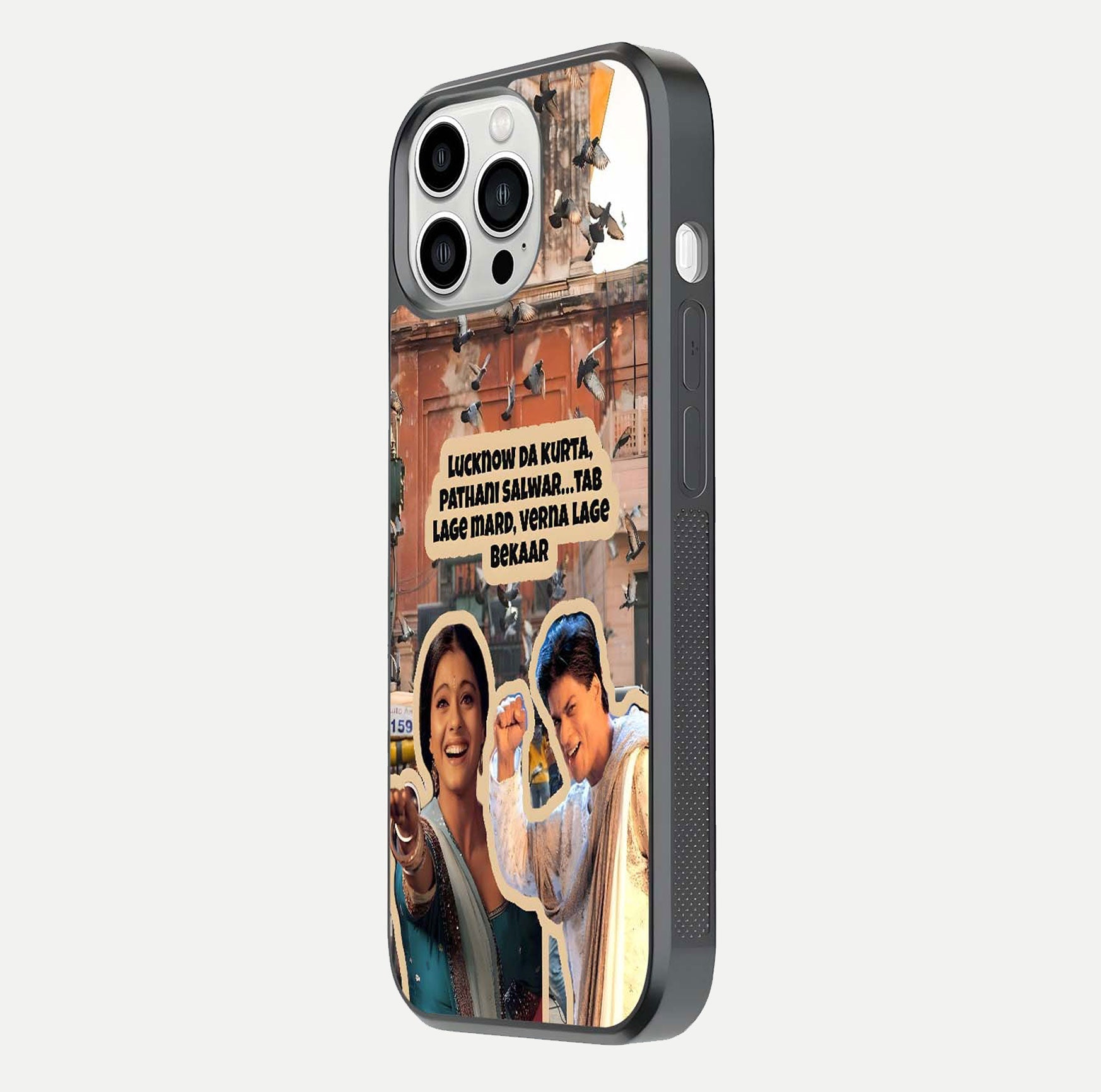 Desi Retro Vibes Glass Case for iPhone 13 Pro Max side-angle image displaying gloss texture and bold pattern