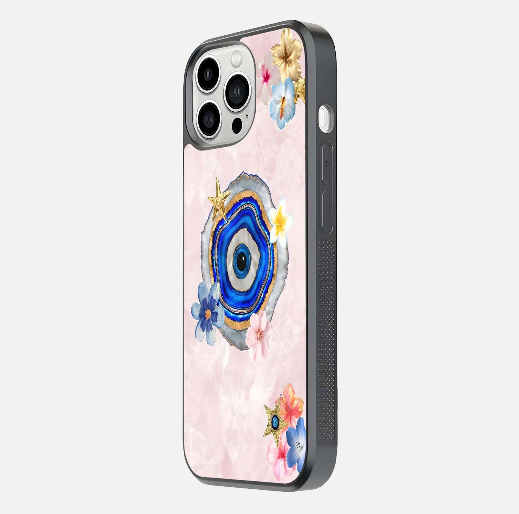 Divine Aura Bloom Glass Case for iPhone 13 Pro Max side-angle photo capturing reflection glow and premium polish