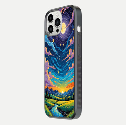 Dreamy Night Landscape Glass Case for iPhone 13 Pro Max side-angle photo capturing reflection glow and edge detail