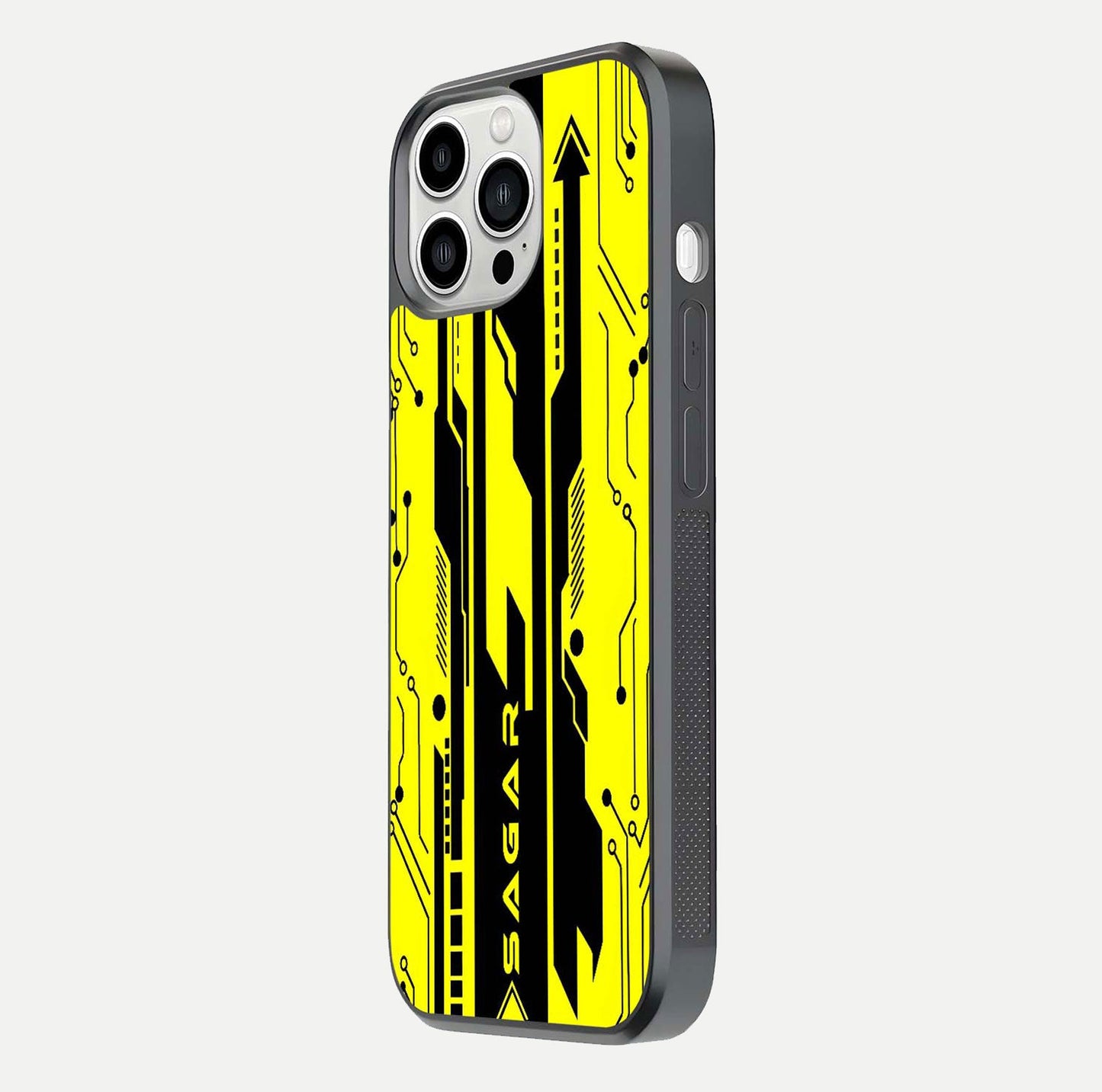 Electric Pulse CYBERPUNK Custom Name Glass Case for iPhone 13 Pro Max side-angle image showing glossy reflection and edge illumination