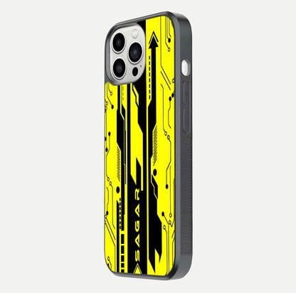Electric Pulse CYBERPUNK Custom Name Glass Case for iPhone 13 Pro Max side-angle image showing glossy reflection and edge illumination