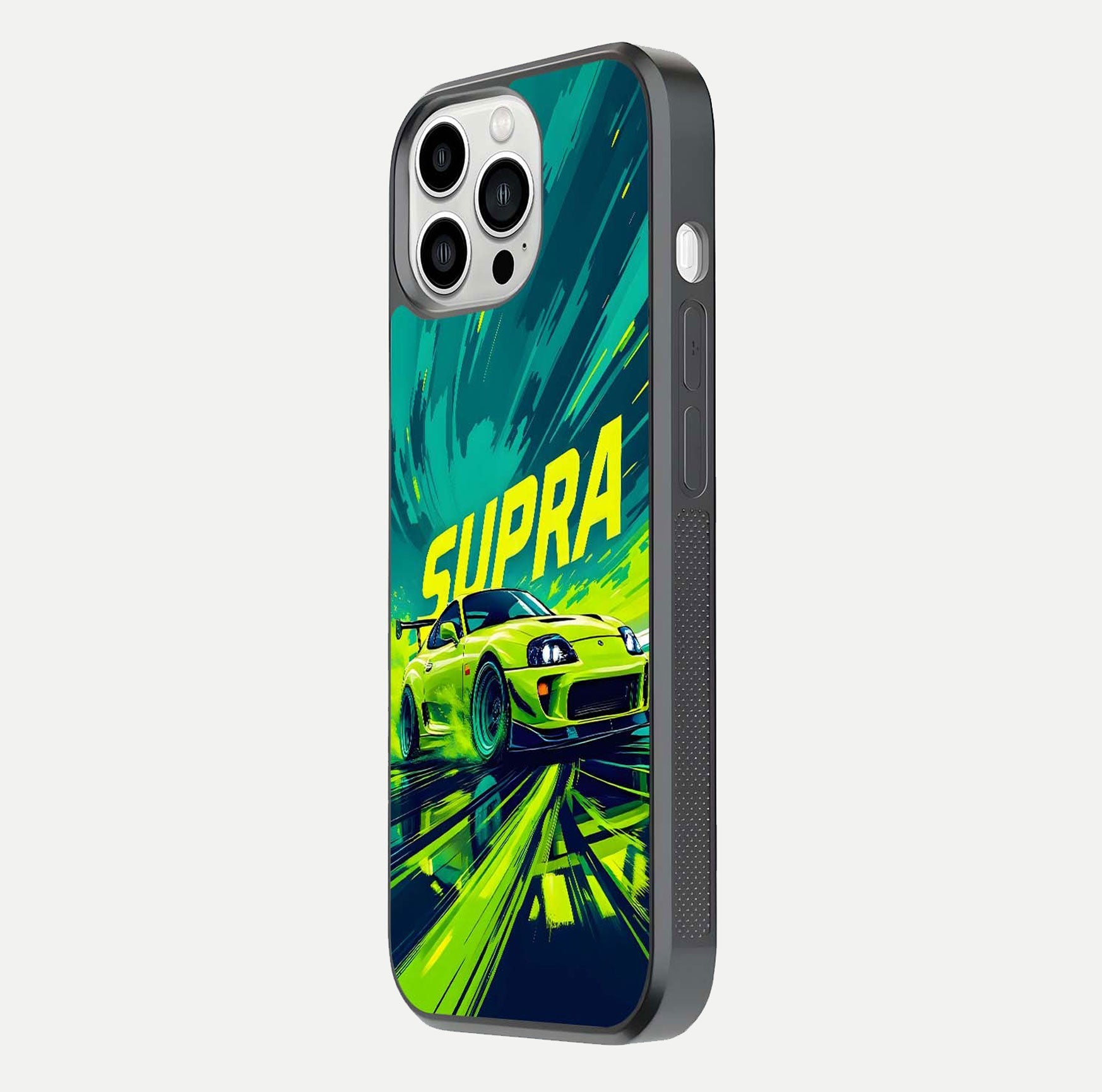Electric Supra Thunder Glass Case for iPhone 13 Pro Max side-angle photo showing sleek car outline and reflective shine