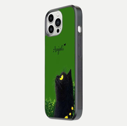 Emerald Cat Custom Name Glass Case for iPhone 13 Pro Max side-angle photo showing name clarity and glass reflection