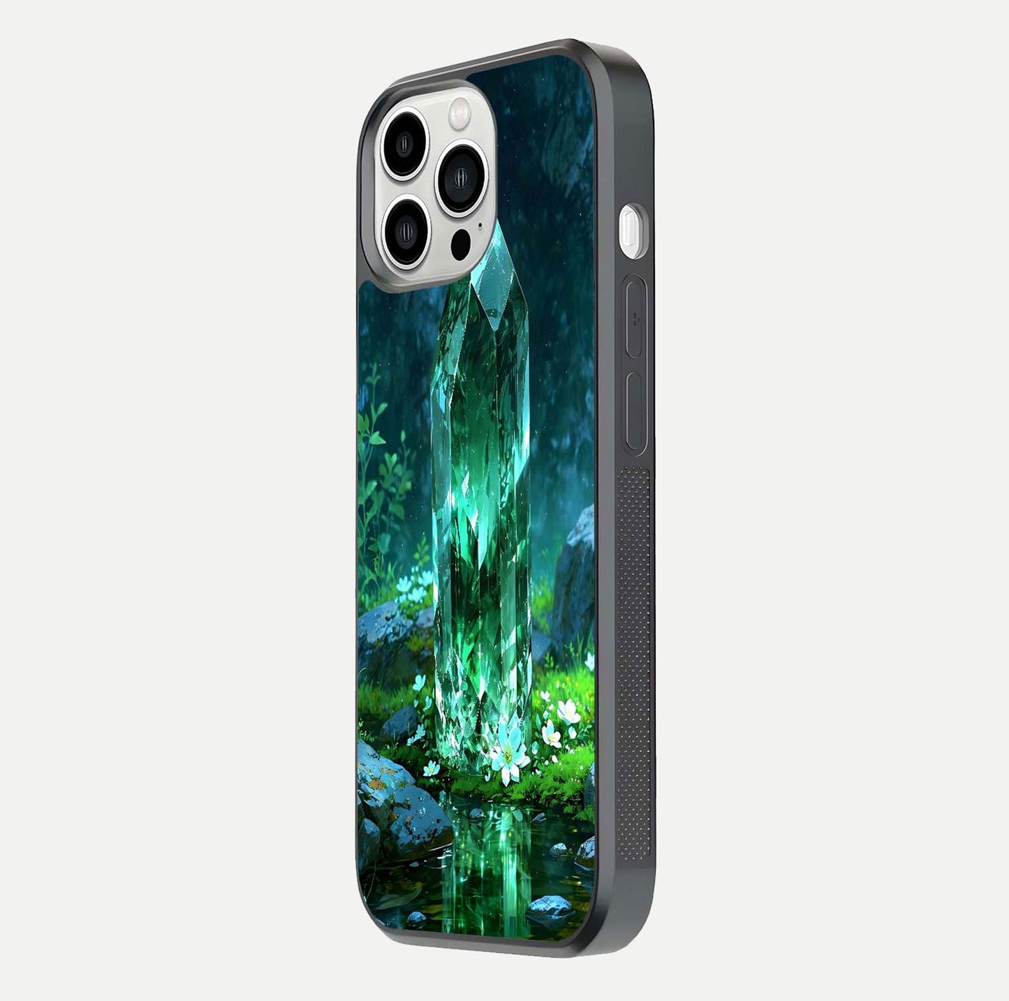 Emerald Light Crystal Glass Case for iPhone 13 Pro Max side-angle image showing gloss reflection and curved border