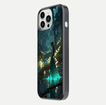 Enchanted Forest Glow Glass Case for iPhone 13 Pro Max side-angle image capturing shine reflection and rich detail