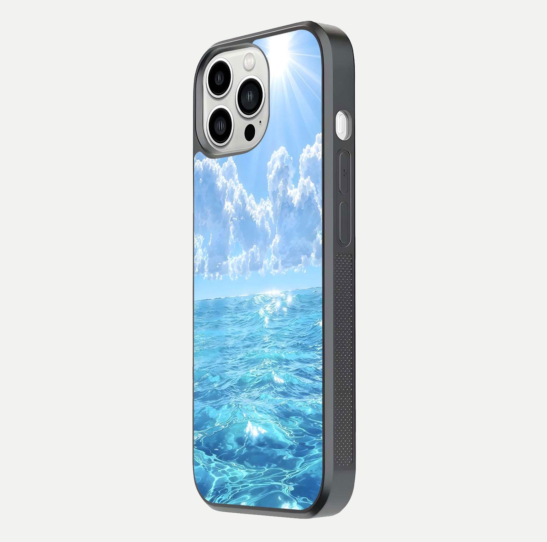 Endless Ocean Horizon Glass Case for iPhone 13 Pro Max side-angle photo showing reflection glow and wave tone