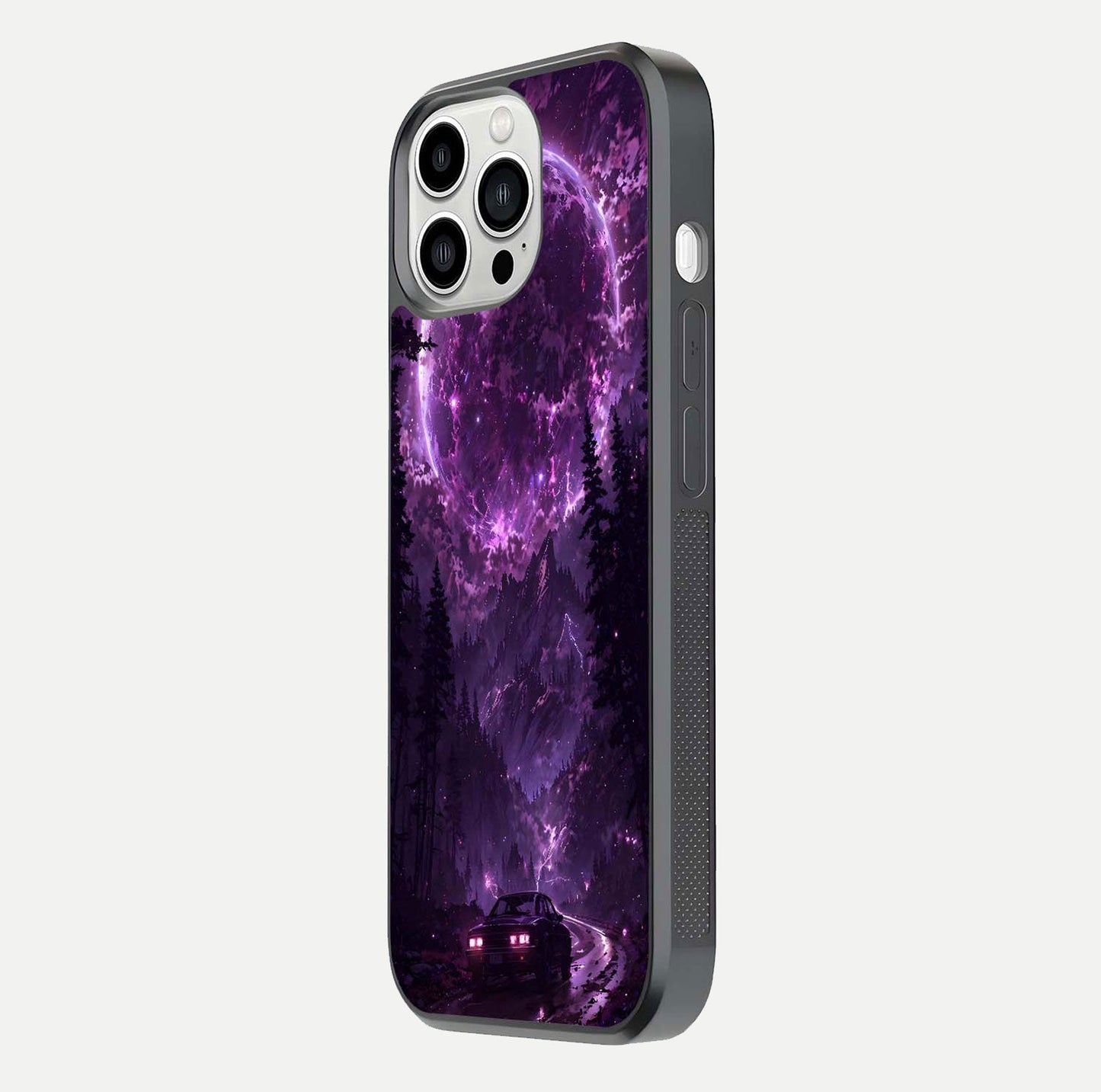 Eternal Cosmic Drive Glass Case for iPhone 13 Pro Max side-angle image showing reflection texture and color contrast
