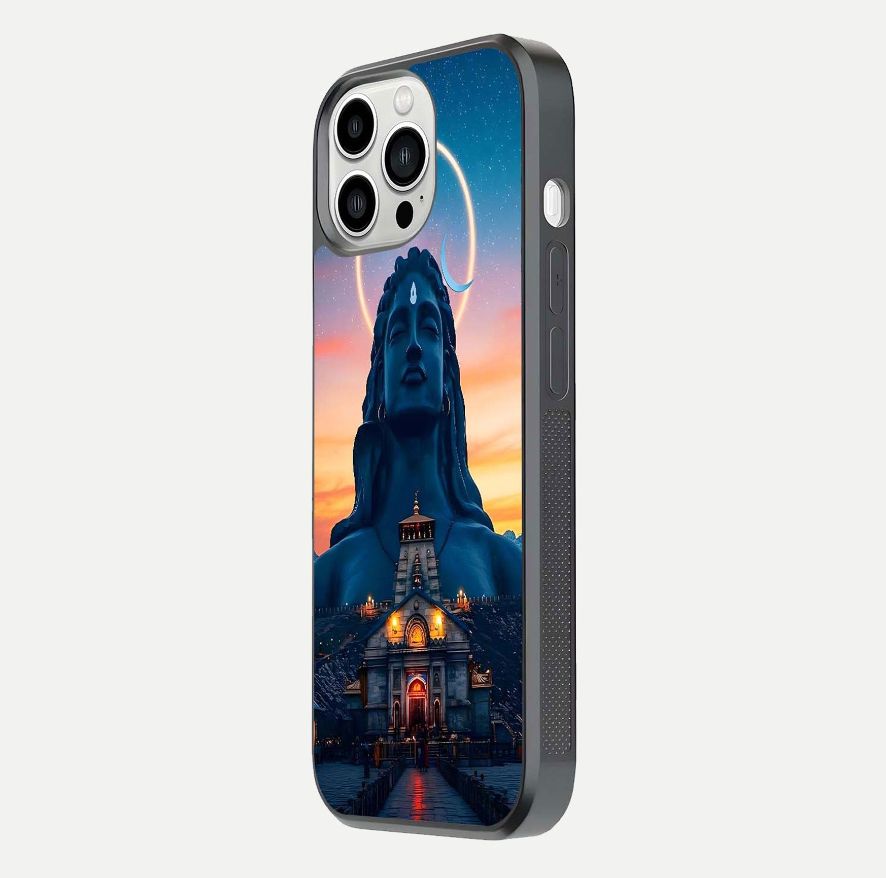 Eternal Shiva Aura Glass Case for iPhone 13 Pro Max side-angle image showing reflection clarity and rich tone