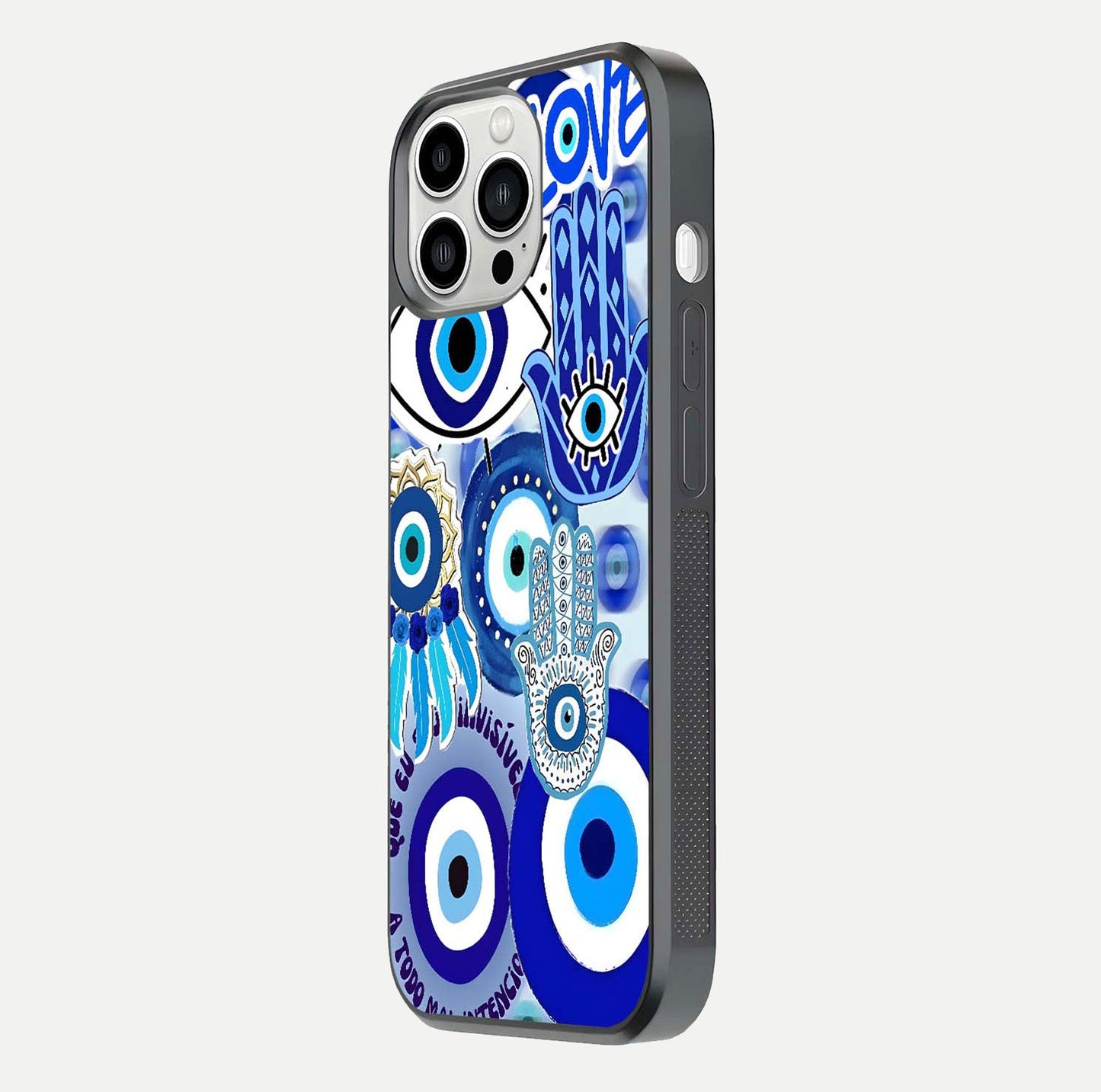 Evil Eyes Dream Glass Case for iPhone 13 Pro Max side-angle photo capturing smooth edges and reflective texture