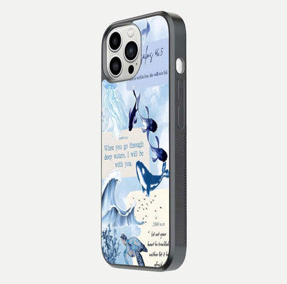 Faithful Ocean Promise Glass Case for iPhone 13 Pro Max side-angle photo showing reflection glow and color clarity