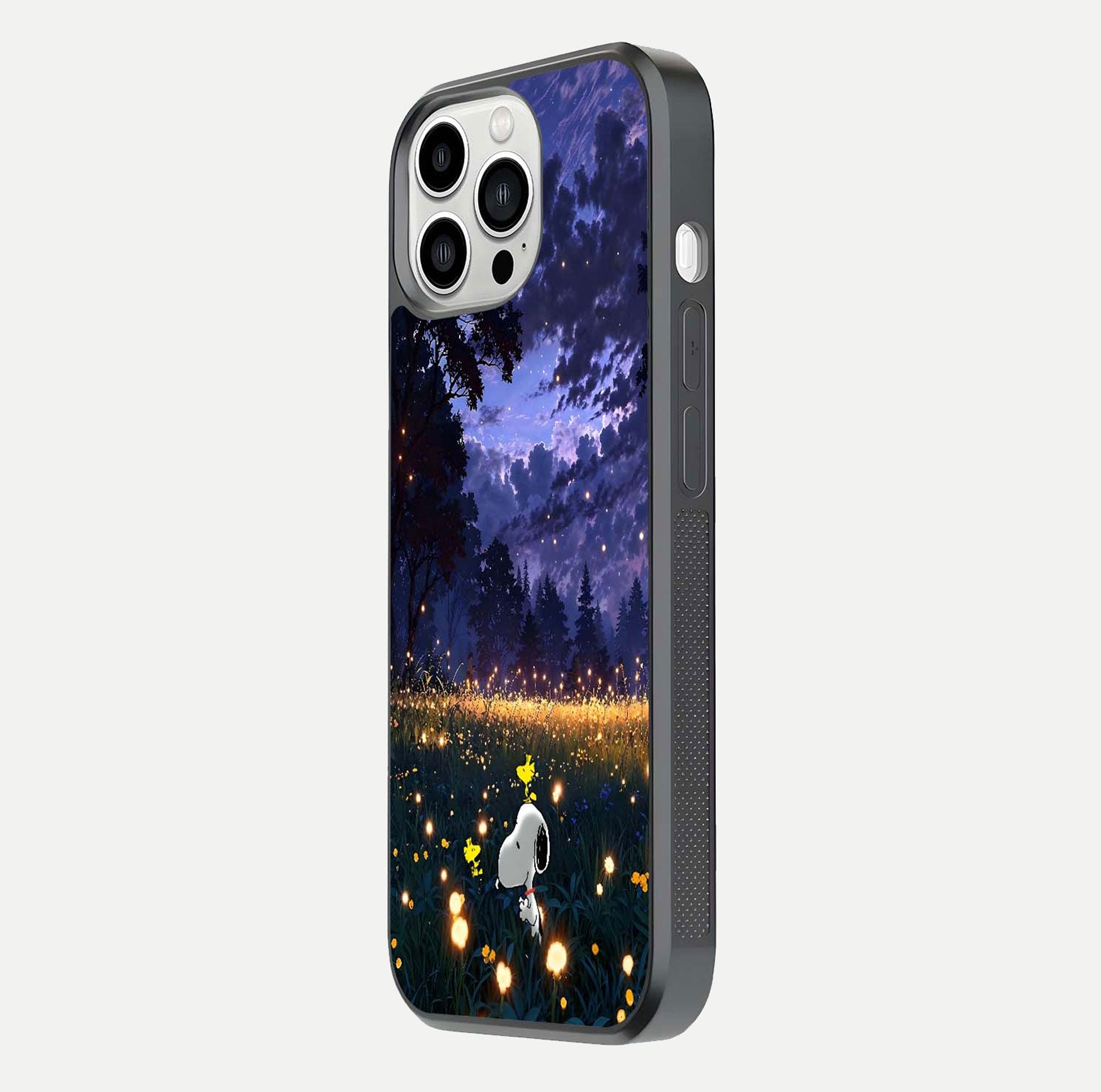 Firefly Meadow Magic Glass Case for iPhone 13 Pro Max side-angle image capturing glow reflection and fine texture