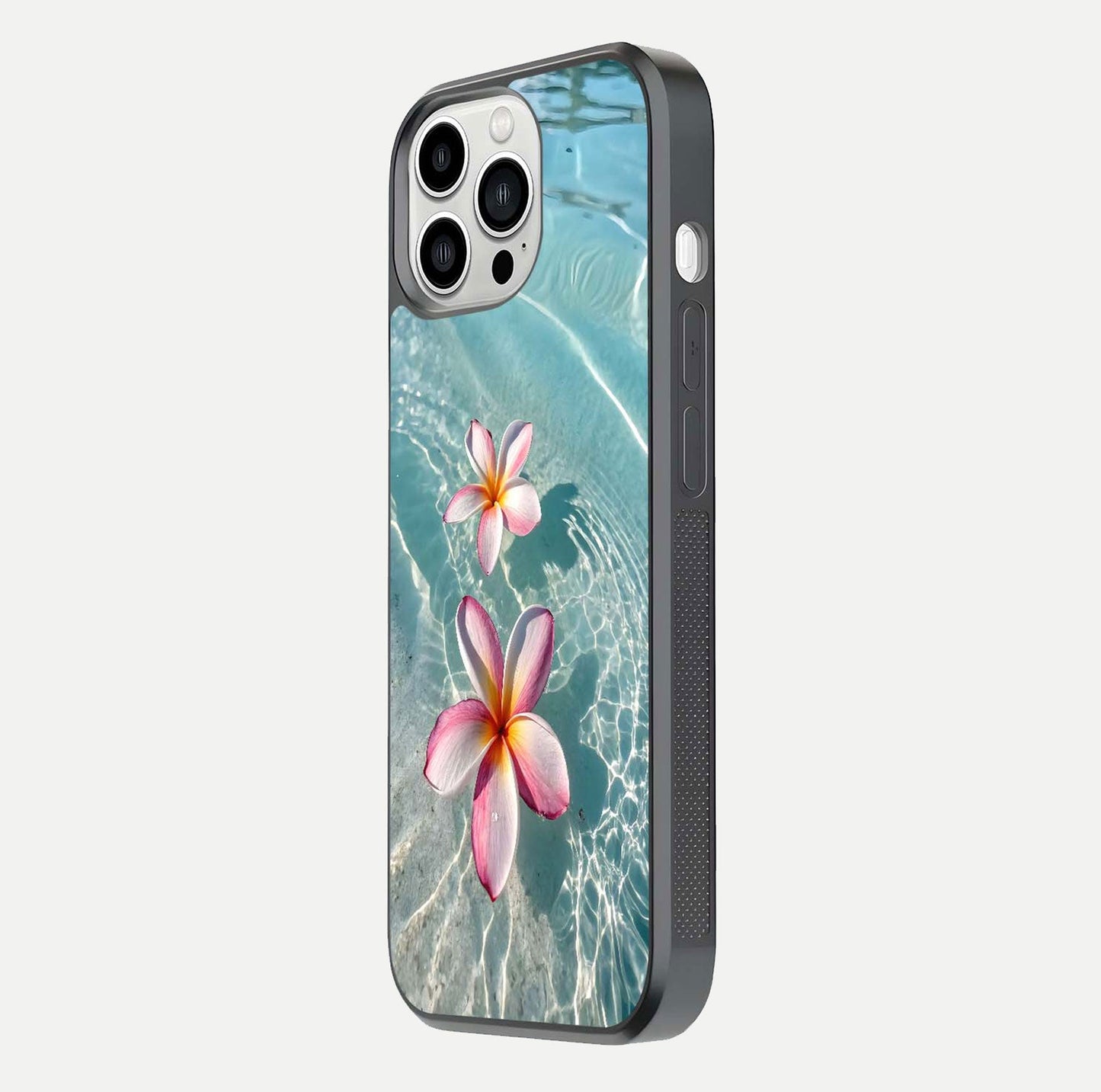 Floating Bloom Bliss Glass Case for iPhone 13 Pro Max side-angle photo showing smooth reflection and elegant curve