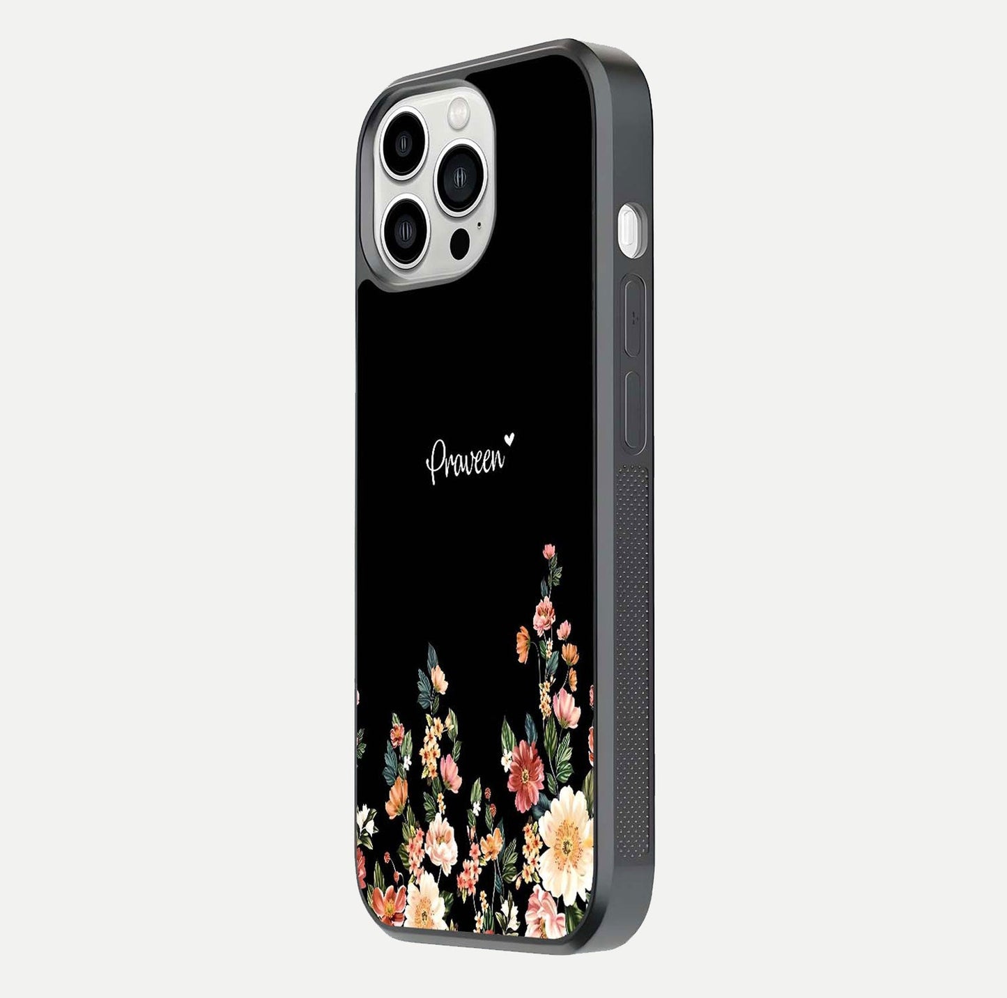 Floral Design Personalized Custom Name Glass Case for iPhone 13 Pro Max side-angle image showing name alignment and gloss shine