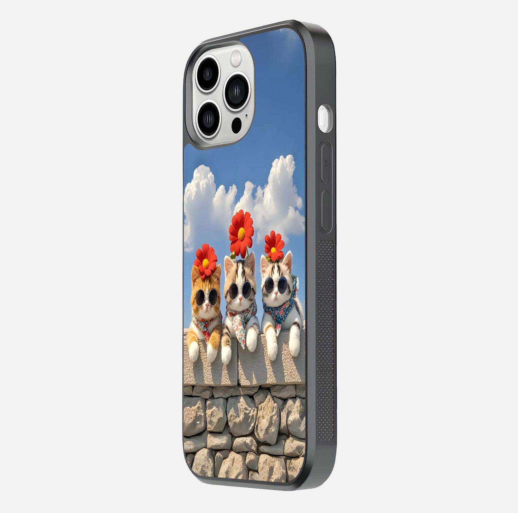 Floral Kitty Squad Glass Case for iPhone 13 Pro Max side-angle photo showing reflection glow and polished surface