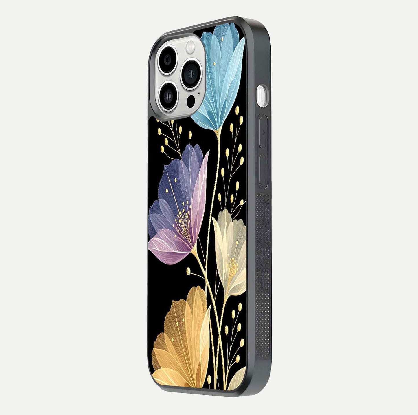 Flower Bloom Glow Glass Case for iPhone 13 Pro Max side-angle image capturing gloss reflection and flower glow