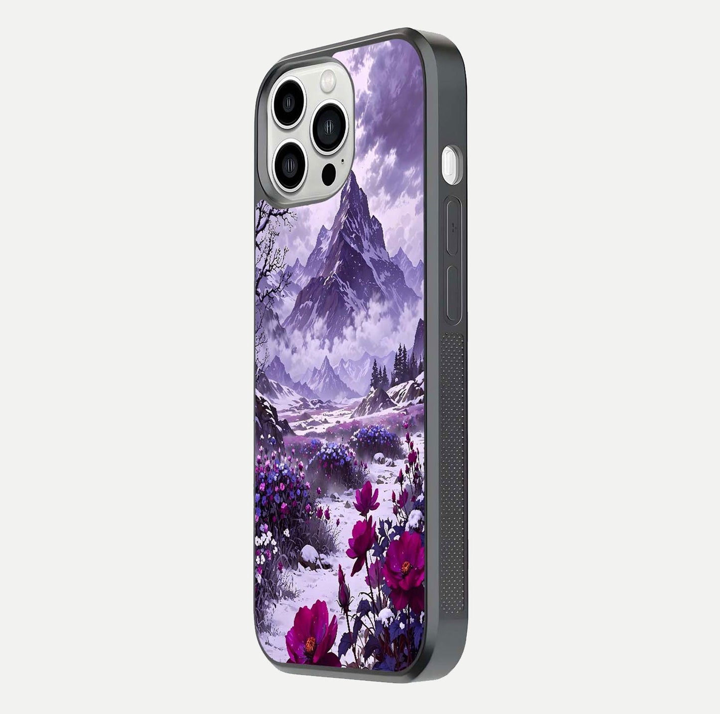 Flower Mountain View Glass Case for iPhone 13 Pro Max side-angle image showing gloss polish and smooth edge