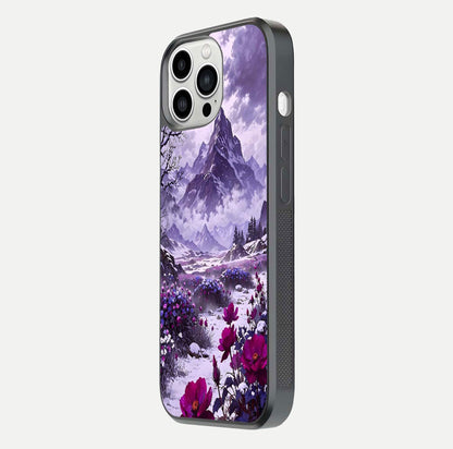 Flower Mountain View Glass Case for iPhone 13 Pro Max side-angle image showing gloss polish and smooth edge