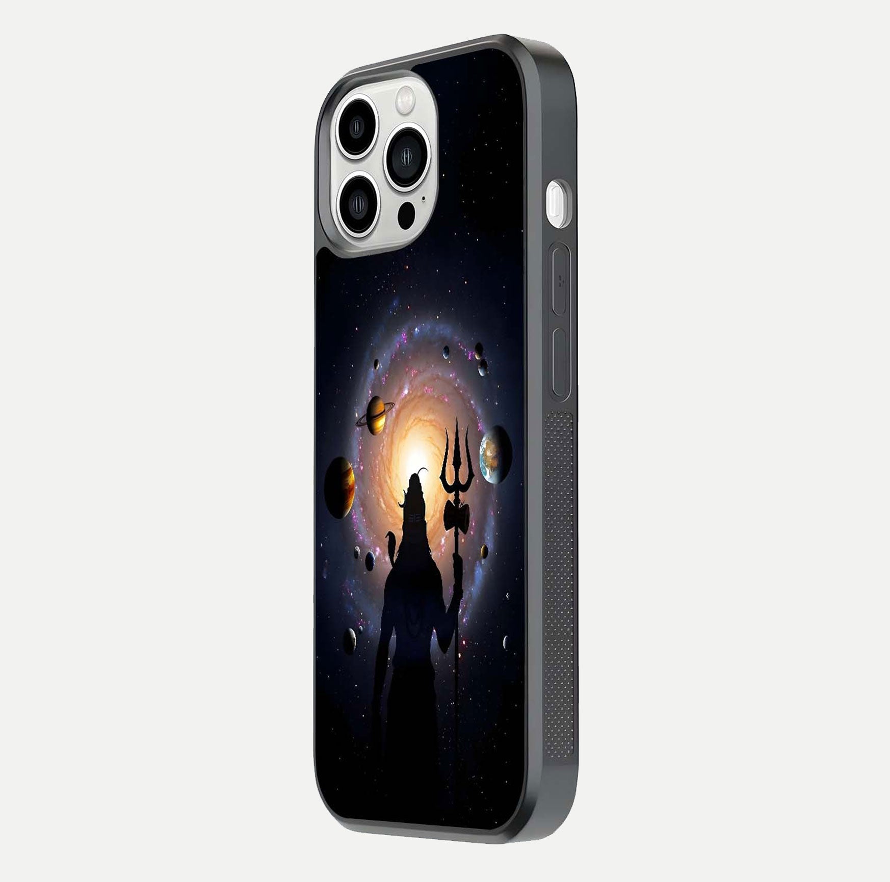 Galactic Shiva Vision Glass Case for iPhone 13 Pro Max side-angle image showing light reflection, glass edges, and spiritual cosmic theme