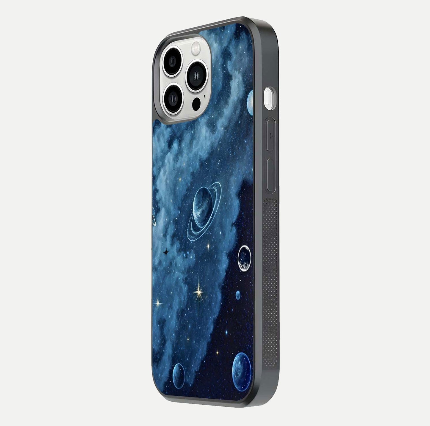 Galaxy Dream Space Glass Case for iPhone 13 Pro Max side-angle image capturing reflection clarity and galactic texture