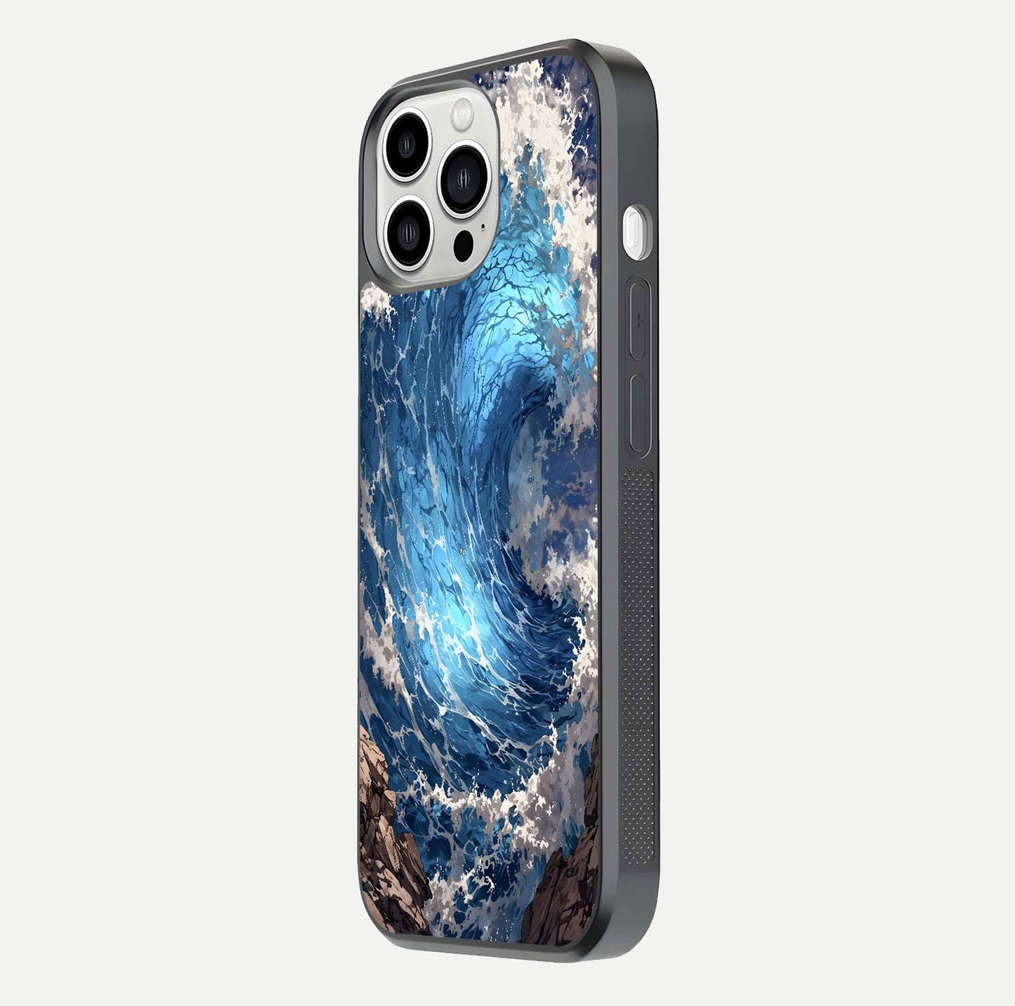 Giant Ocean Wave Glass Case for iPhone 13 Pro Max side-angle image showing light reflection and ocean detail