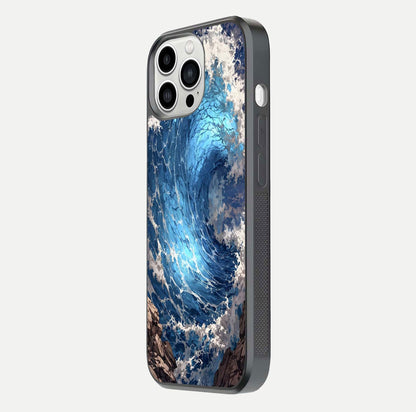 Giant Ocean Wave Glass Case for iPhone 13 Pro Max side-angle image showing light reflection and ocean detail