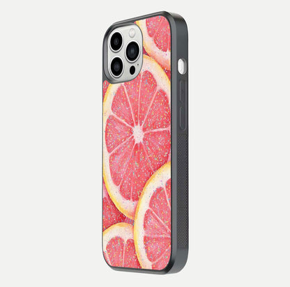 Glitter Grapefruit Glass Case for iPhone 13 Pro Max side-angle image showing reflection glow and polished edges