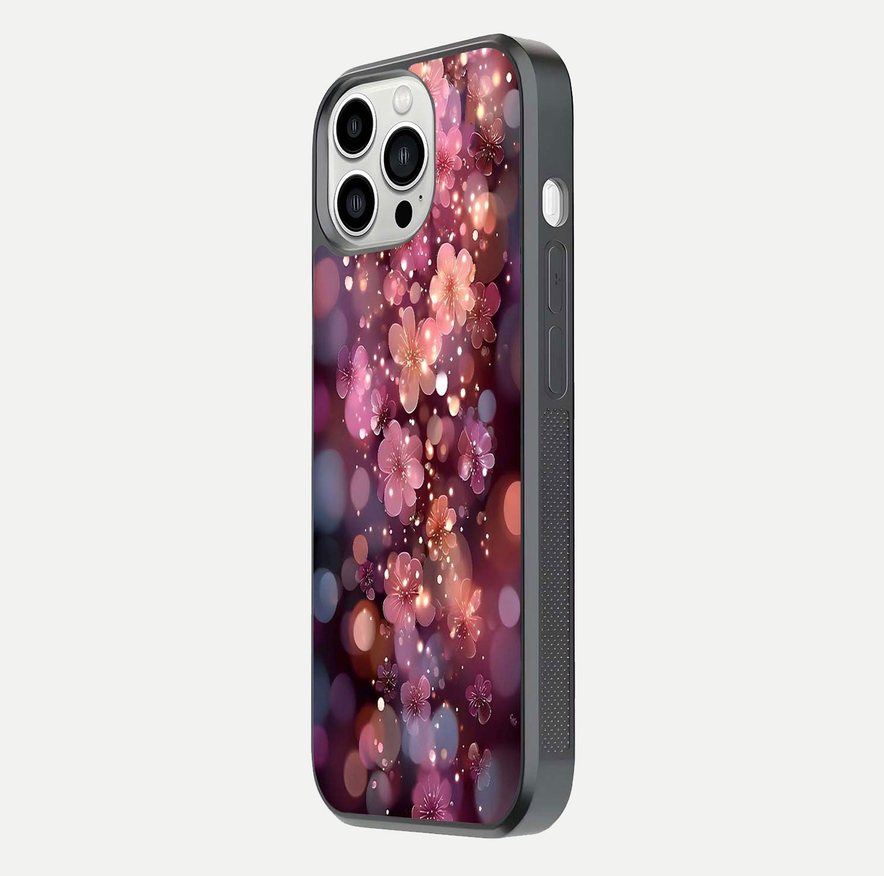 Glowing Petal Bliss Glass Case for iPhone 13 Pro Max side-angle image showing light reflection and soft floral texture