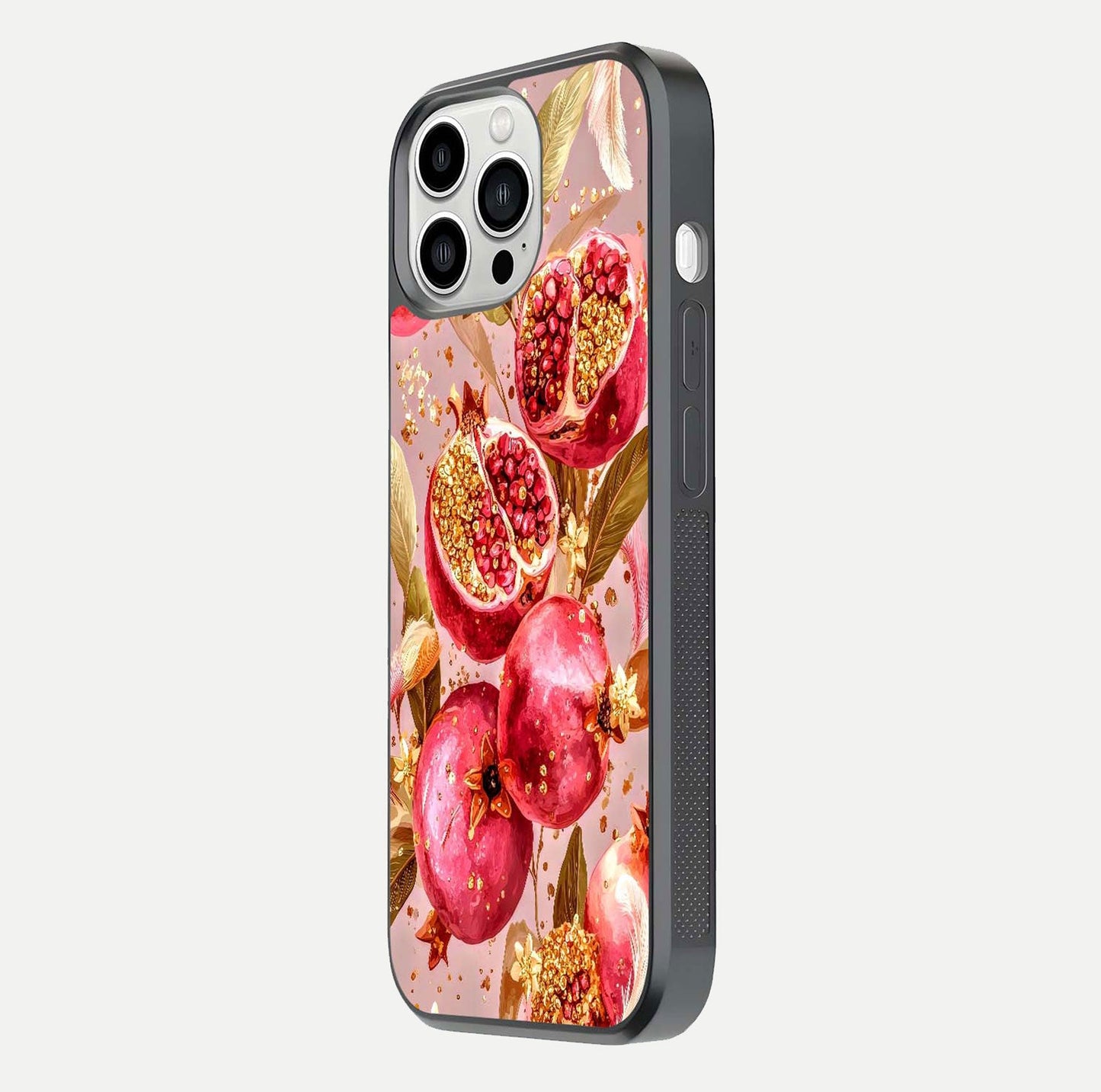 Golden Bloom Glow Glass Case for iPhone 13 Pro Max side-angle image showing light reflection, gloss texture, and rich tone