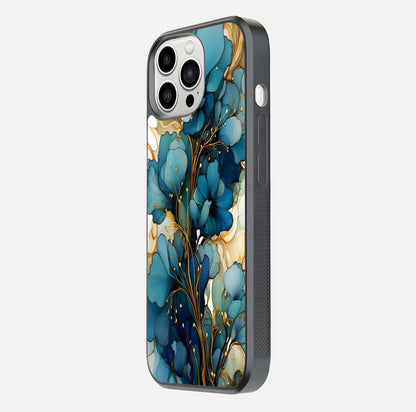 Golden Bloom Symphony Glass Case for iPhone 13 Pro Max side-angle image showing golden glow, light reflection, and premium surface