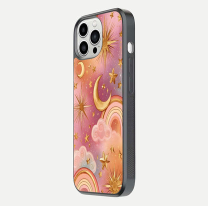 Golden Celestial Dreams Glass Case for iPhone 13 Pro Max side-angle image capturing reflection brightness and starry detail