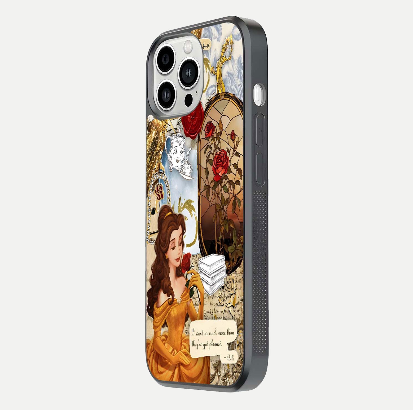 Golden Dream Belle Glass Case for iPhone 13 Pro Max side-angle image showing reflective edges and premium golden tint