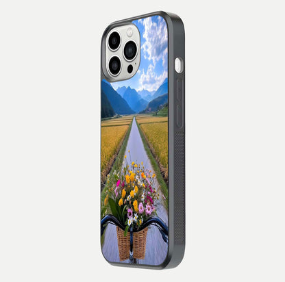 Golden Field Journey Glass Case for iPhone 13 Pro Max side-angle image showing golden glow, reflection shine, and curved edge